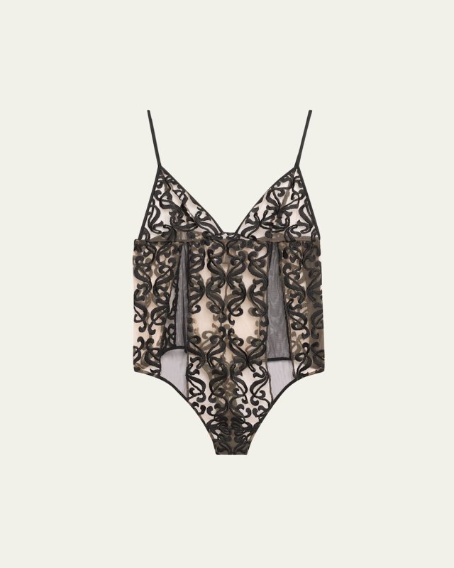 Leah Embroidered Stretch Tulle Bodysuit